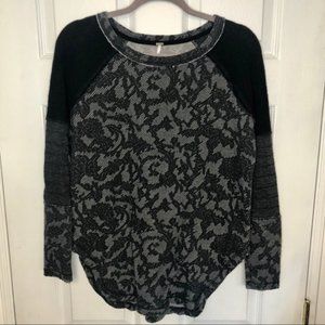 Free People Thermal Grey & Black Lace printed top with Zippers XS